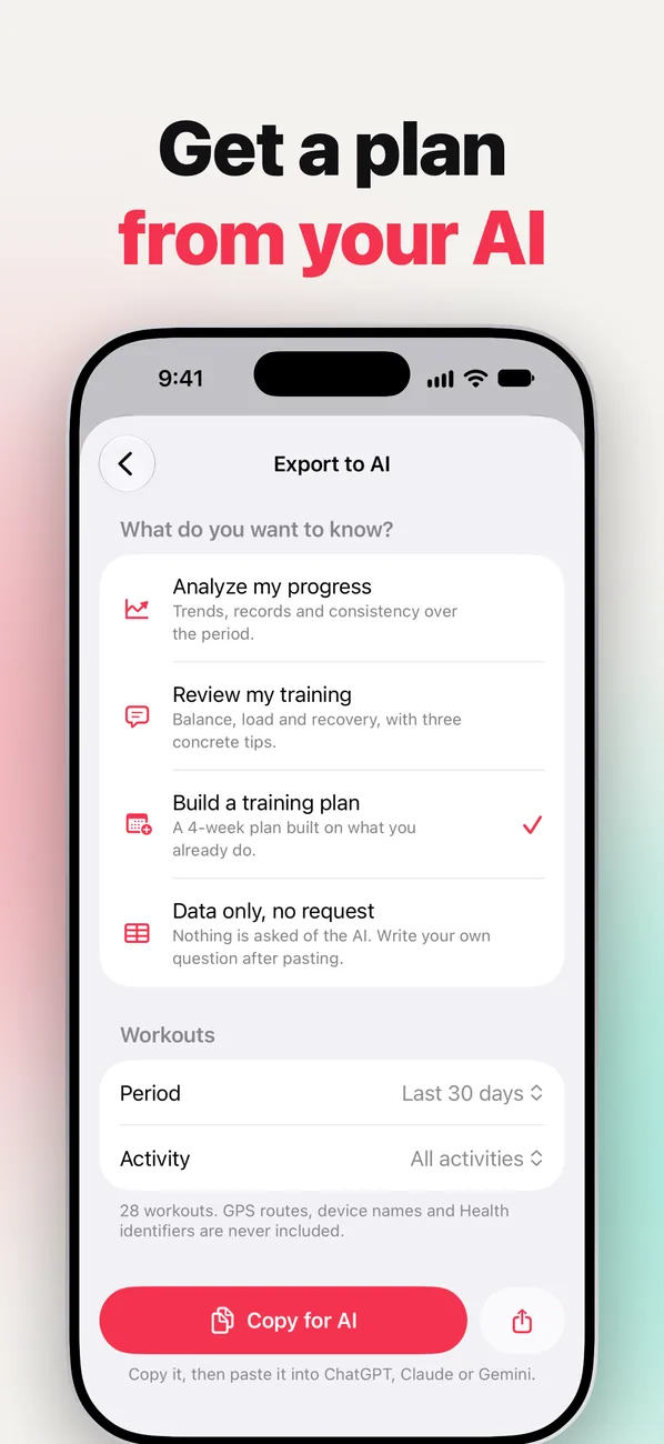 FitnessStats Export to AI with Build a training plan selected