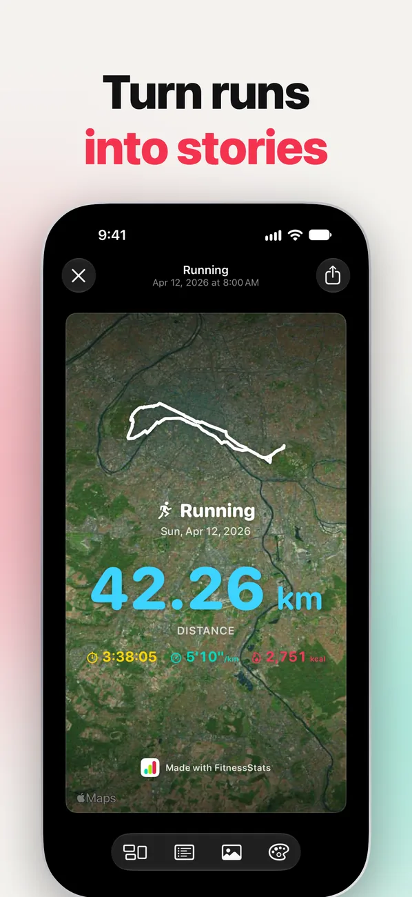 FitnessStats share editor showing a 42.26 km marathon on a satellite map