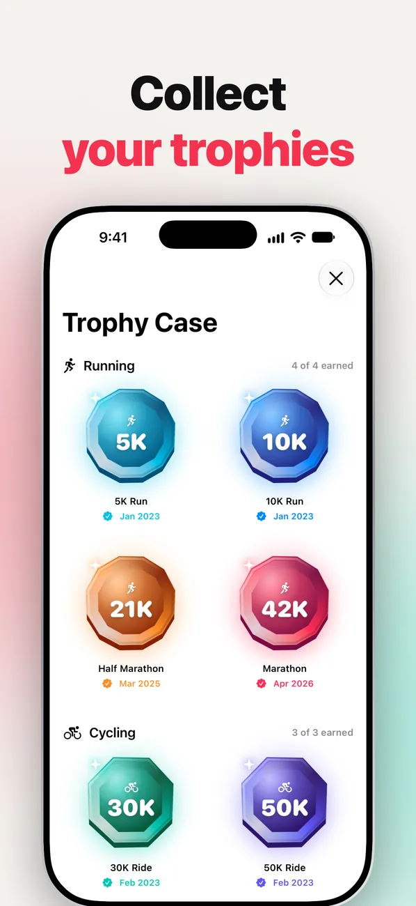 FitnessStats Trophy Case with running and cycling distance trophies