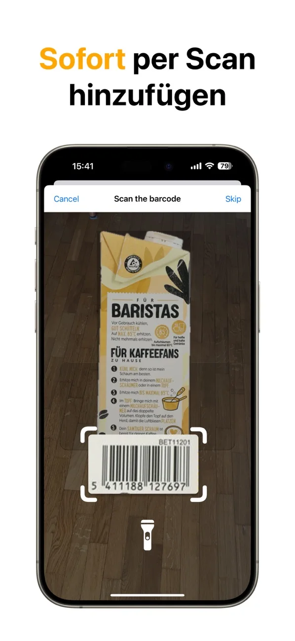 FridgeBuddy scannt den Barcode eines Haferdrinks