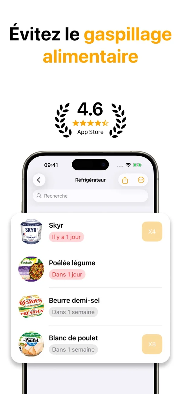 FridgeBuddy affichant les aliments et leurs dates de péremption