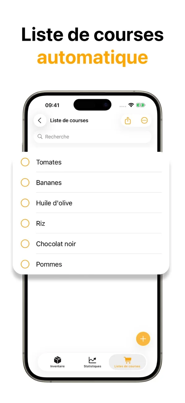 Liste de courses FridgeBuddy avec les aliments à acheter