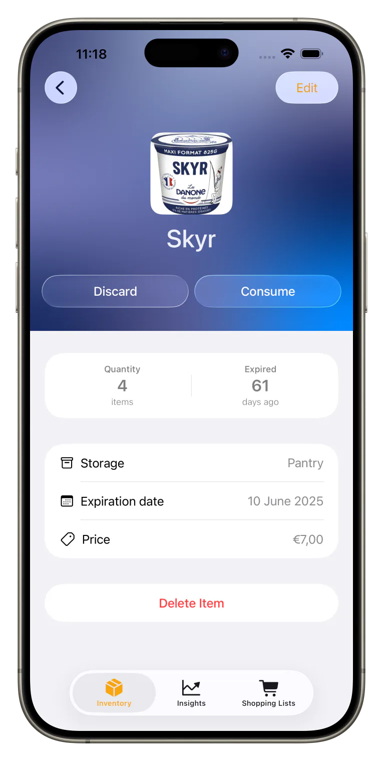 Fiche produit FridgeBuddy avec date de péremption et lieu de stockage